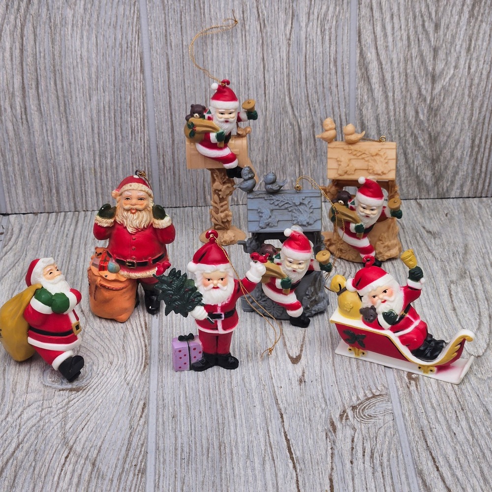 Vintage Style Santa Claus Christmas Ornament Lot 7 Pc Set Sleigh Mailbox Chimney
